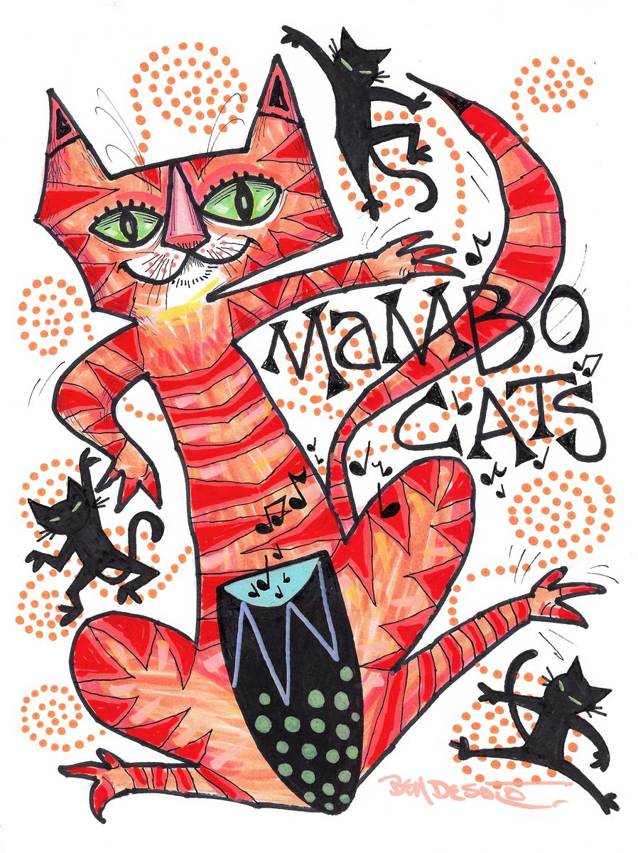 Animal Acrylic Painting By Ben De Soto, 9 X 12, Mambo Cats, Original Artwork
