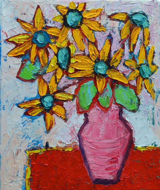 YELLOW WILDFLOWERS IN PINK VASE - abstract modern impressionist floral original palette knife oil painting