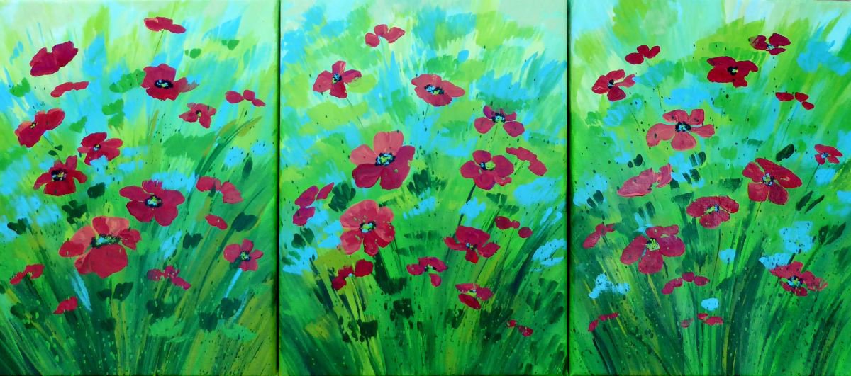 Poppy Meadow Triptych by Elaine Allender