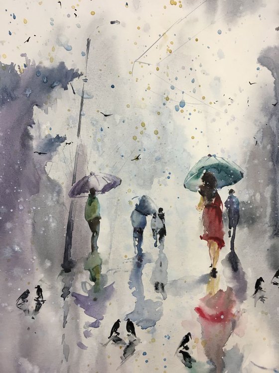 Watercolor “Lady in red with green umbrella”