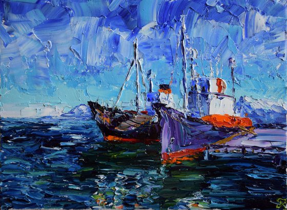 Palette knife oil painting Two Ships in Reykjavik port Iceland