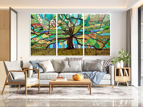 Huge green abstract painting Tree of life. Large abstract wall art