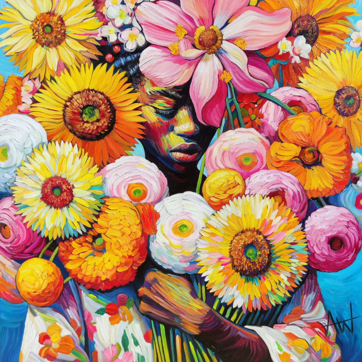 Expressive Botanical Oil Painting By Angie Wright, 24 X 24, Flower Girl - Floral Portrait, Original Artwork