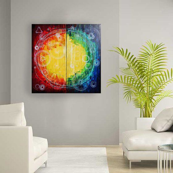 Rainbow A311 Large abstract paintings Palette knife 50x200x2 cm set of 2 original abstract acrylic paintings on stretched canvas