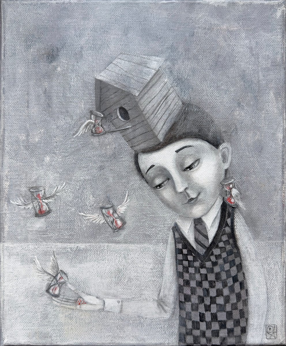 Naive Portrait Painting By Olya Anima, 10 X 12", Tame The Time, Original Artwork