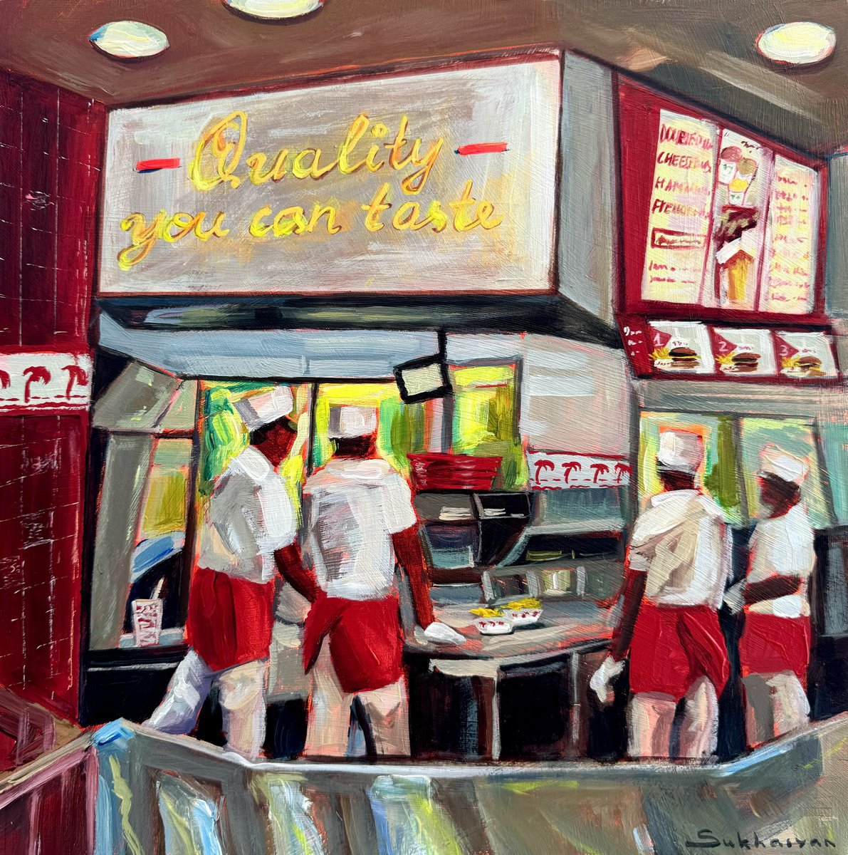 Impressionistic Abstract Acrylic Painting By Victoria Sukhasyan, 12 X 12", Innout Burger Interior, Original Artwork