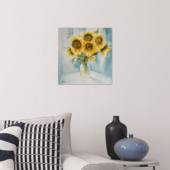 Sunflowers on turquoise. Medium format watercolor painting. Original bright interior provence decor yellow light gift