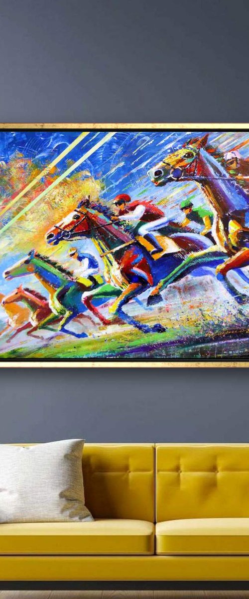 Expressive Horse Racing Artwork, Dynamic Vibrant Acrylic Painting, Impressionist Style by Ion Sheremet