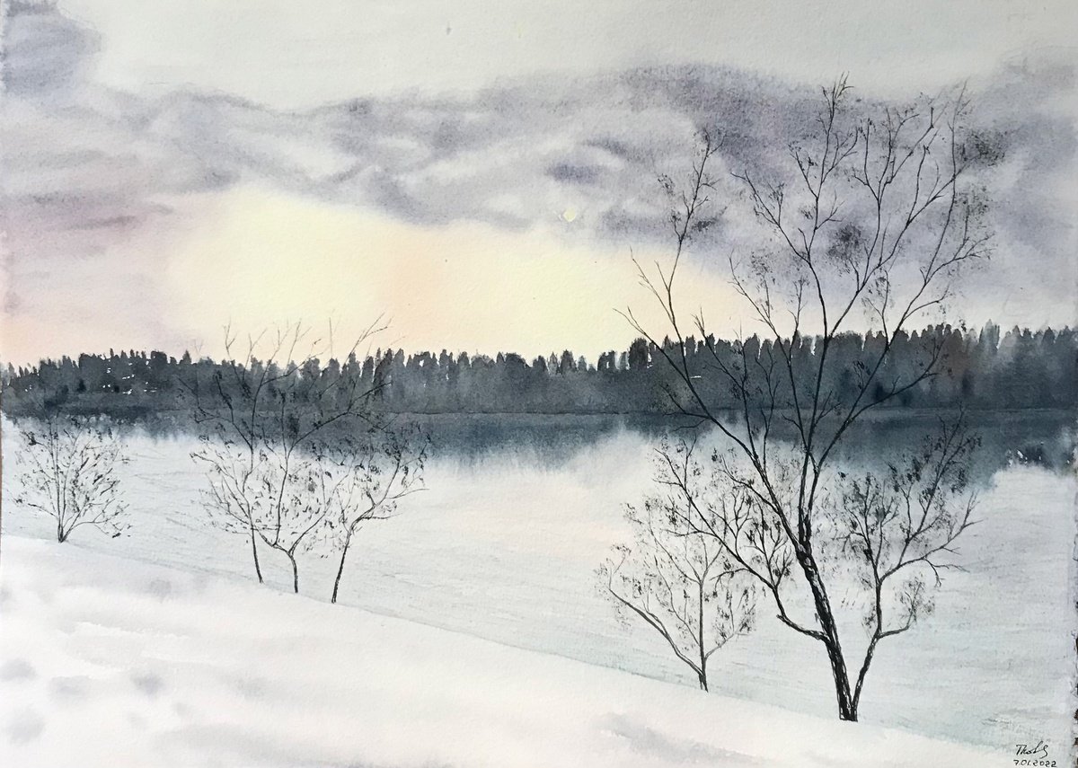 Impressionistic Landscape Watercolour By Tetiana Kovalova, 15 X 11", Dramatic Winter Landscape, Original Artwork