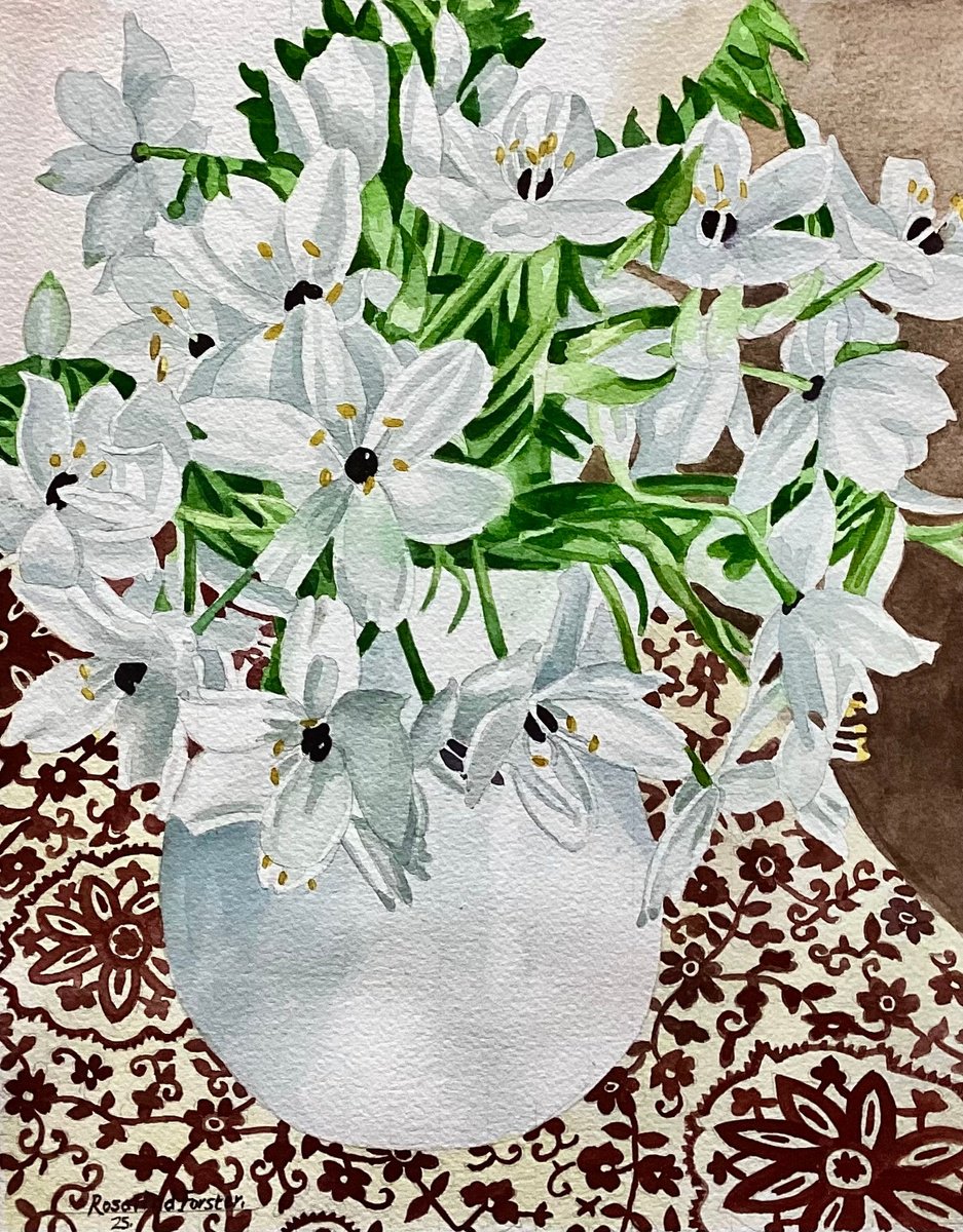 Botanical Watercolour By Rosalind Forster, 12 X 14", Ornithogalums In A White Vase, Original Artwork