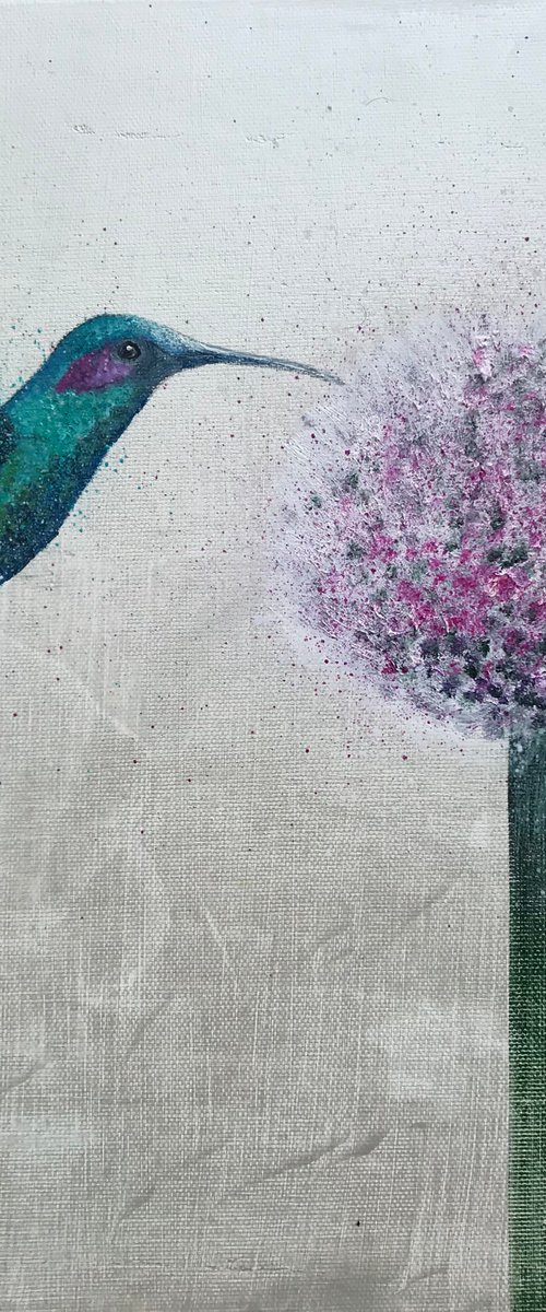 Hummingbird and Allium ~ on silver by Laure Bury