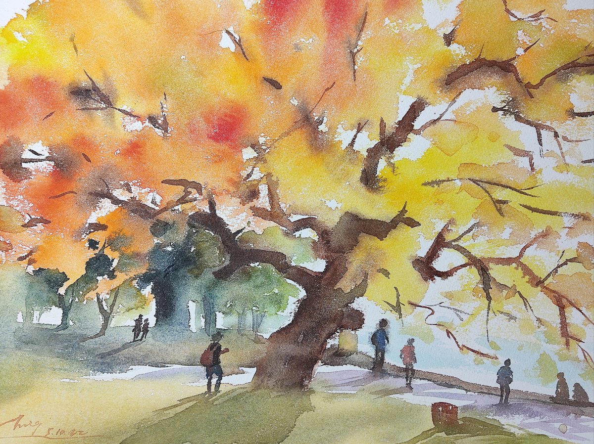 Impressionistic Landscape Watercolour By Jing Chen, 15 X 11, In The Park 2, Original Artwork