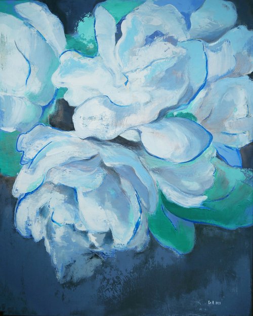 A  flower impressionistic painting "Blue Peonies" by Olesia Grygoruk