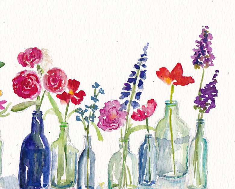 Bottles with flowers Watercolour by Julia Rigby | Artfinder