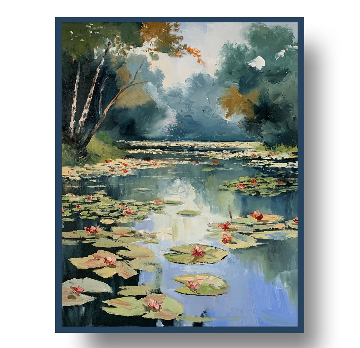 Expressive Landscape Oil Painting By Vita Schagen, 16 X 20", Pond With Water Lilies., Original Artwork