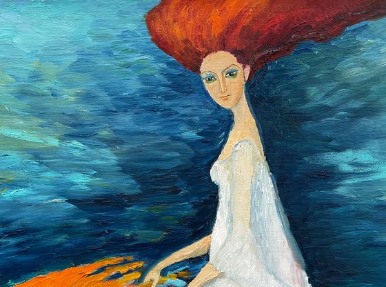 TO THE STORE TO BUY SOME BREAD (The Red Fish) - oil figurative artwork with a girl and a fish sea blue home decor gift idea