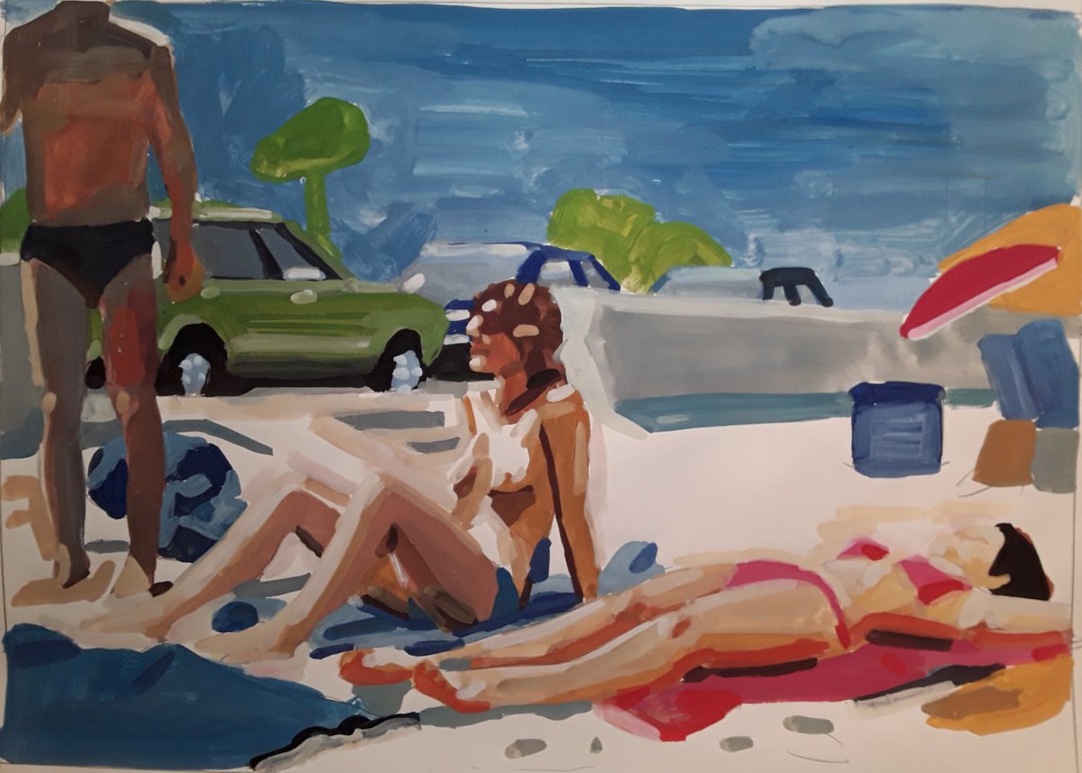 Expressive Portrait Painting By Stephen Abela, 23 X 17", Beach Scene - A Man And Fwo Women, Original Artwork