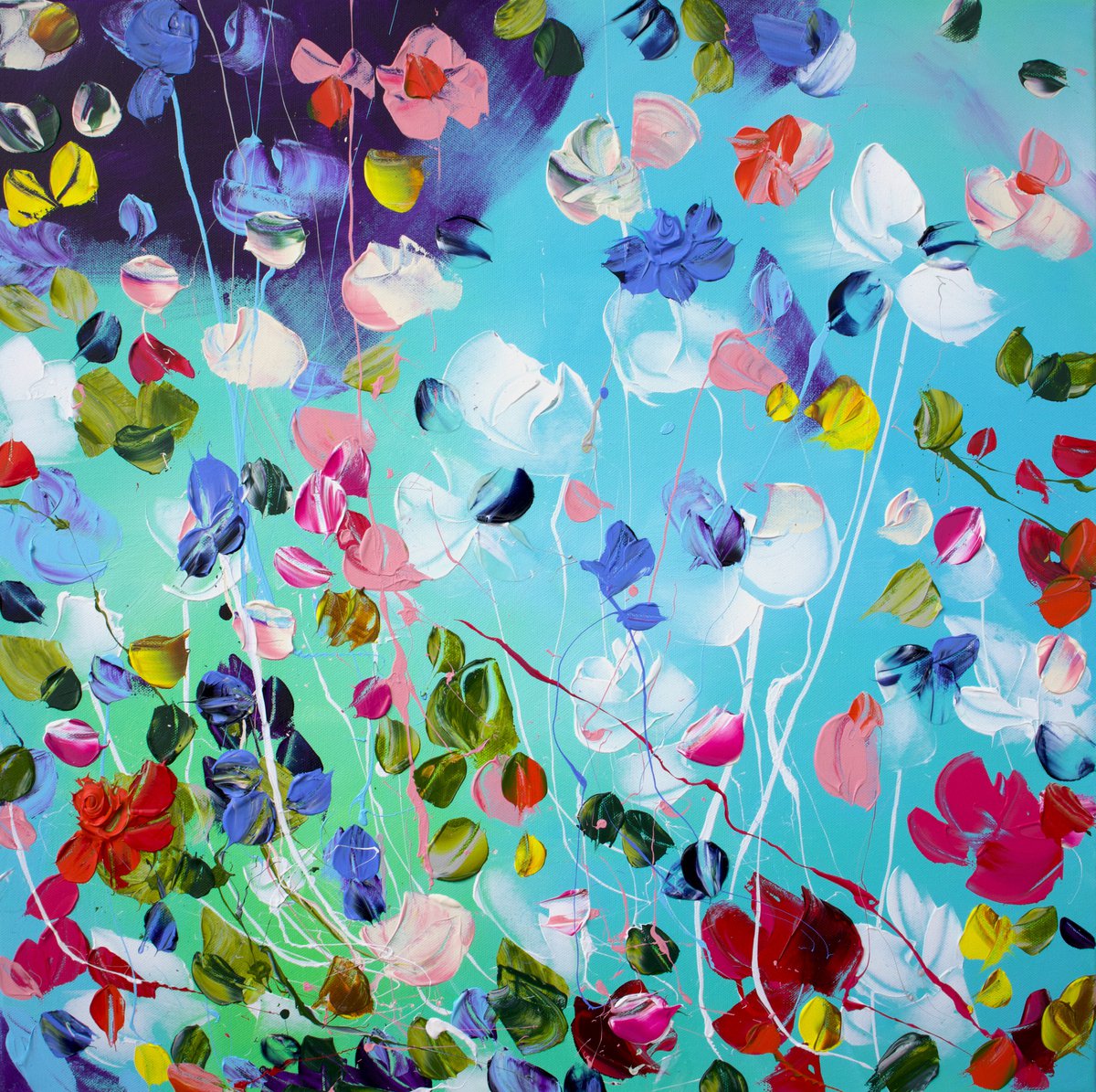 Structure impasto acrylic painting with abstract flowers 60x60cm August by Anastassia Skopp