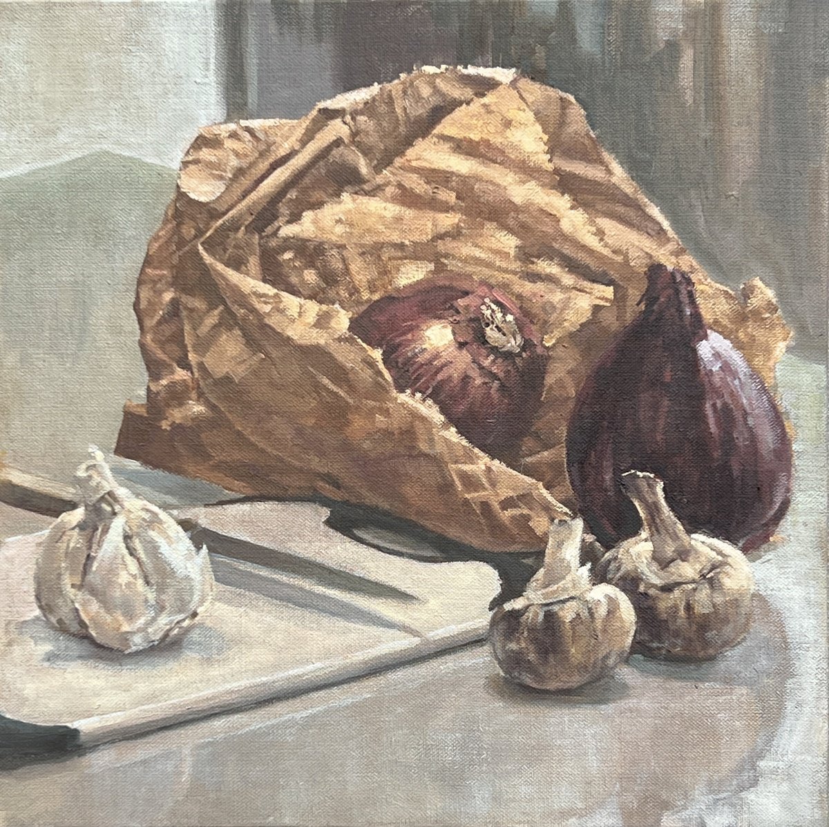 Onions, mushrooms, garlic by Louise Gillard