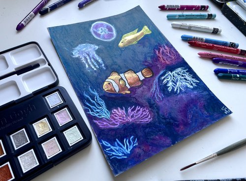 Clown Fish Metallic Watercolor Painting, Jellyfish Original Artwork, Ocean Picture, Shiny Wall Art by Kate Grishakova