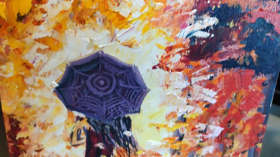 Autumn tango, original girl umbrella oil painting, Gift, art for home, for sale