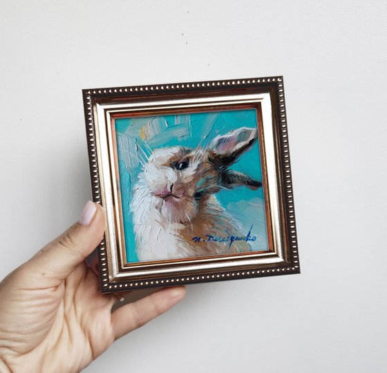 Cute rabbit painting original oil art 10x10 cm, White Bunny illustration on turquoise background nursery wall art