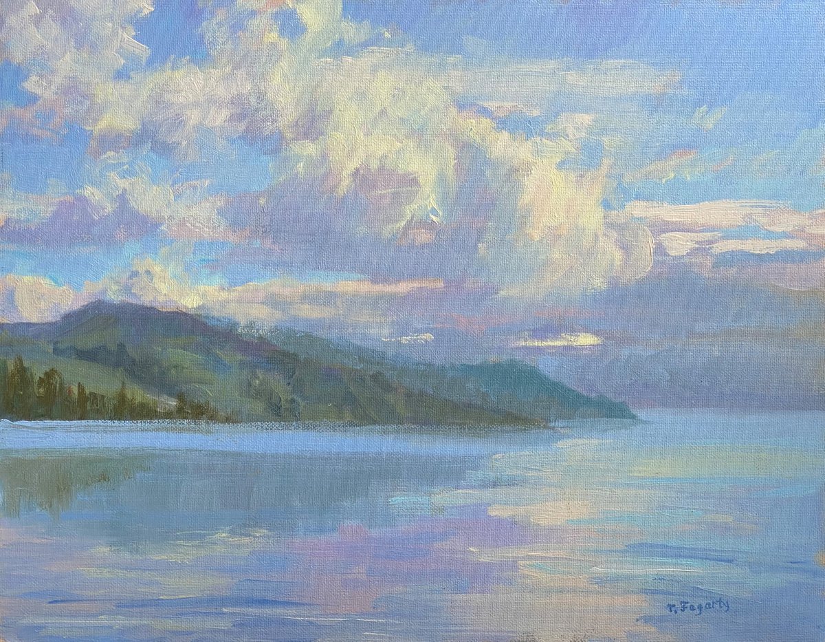 Impressionistic Landscape Oil Painting By Tatyana Fogarty, 14 X 11", Clouds Dance Reflections, Original Artwork