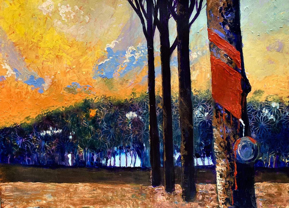 Impressionistic Landscape Acrylic Painting By John Cottee, 28 X 20, Rubber Sunset, Original Artwork