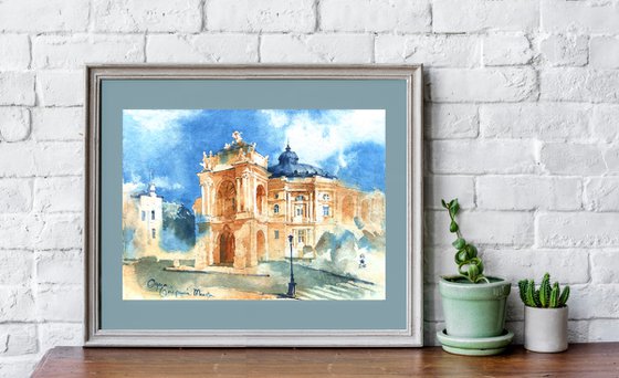 Architectural landscape "Opera theater in Odessa, Ukraine" - Original watercolor painting