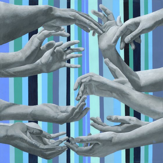 I hear all the voices | Large square painting with monochrome hands on a blue background
