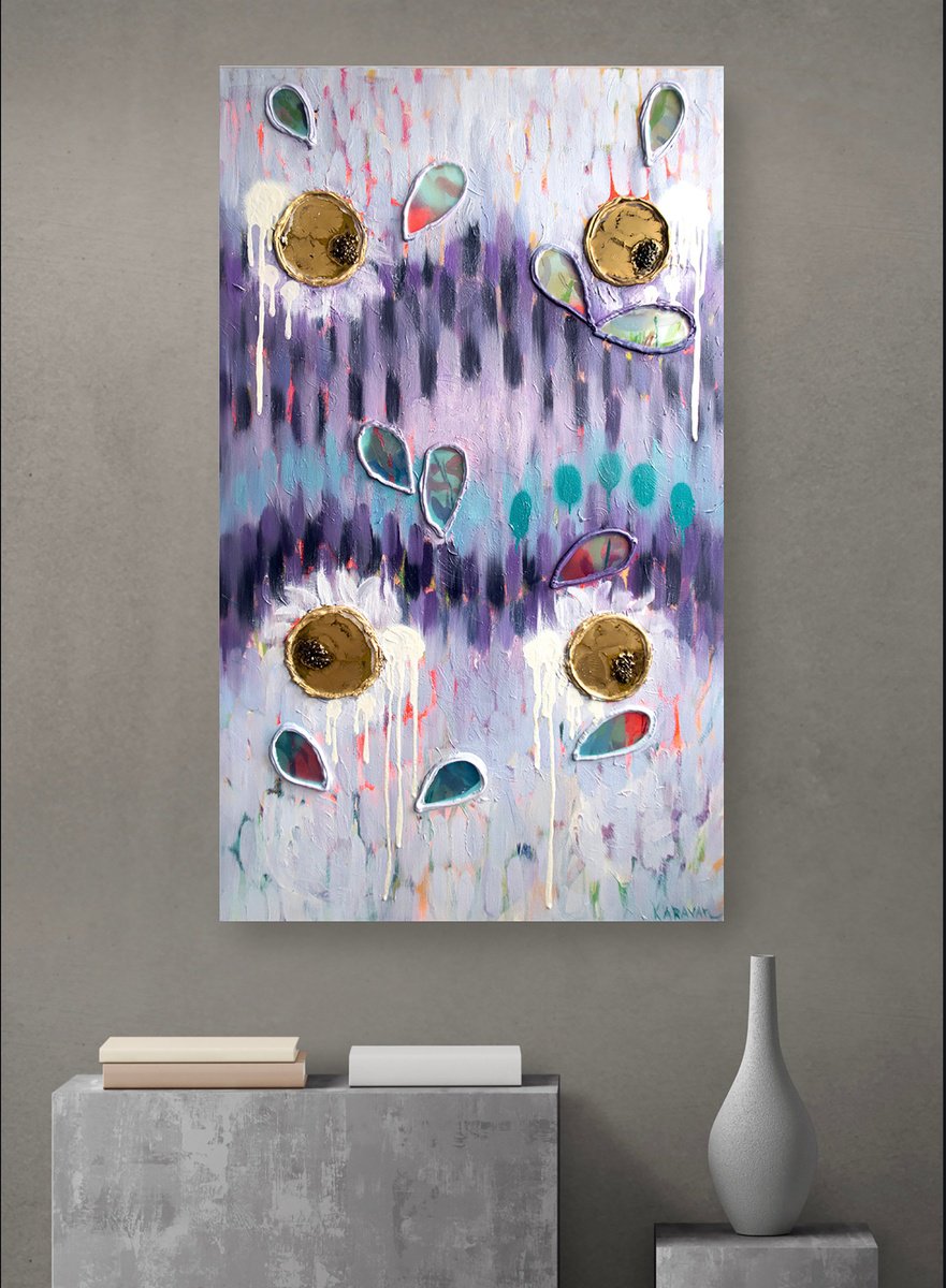 Abstract Oil Painting By Nataliia Karavan, 24 X 39", Purple Joy, Original Artwork