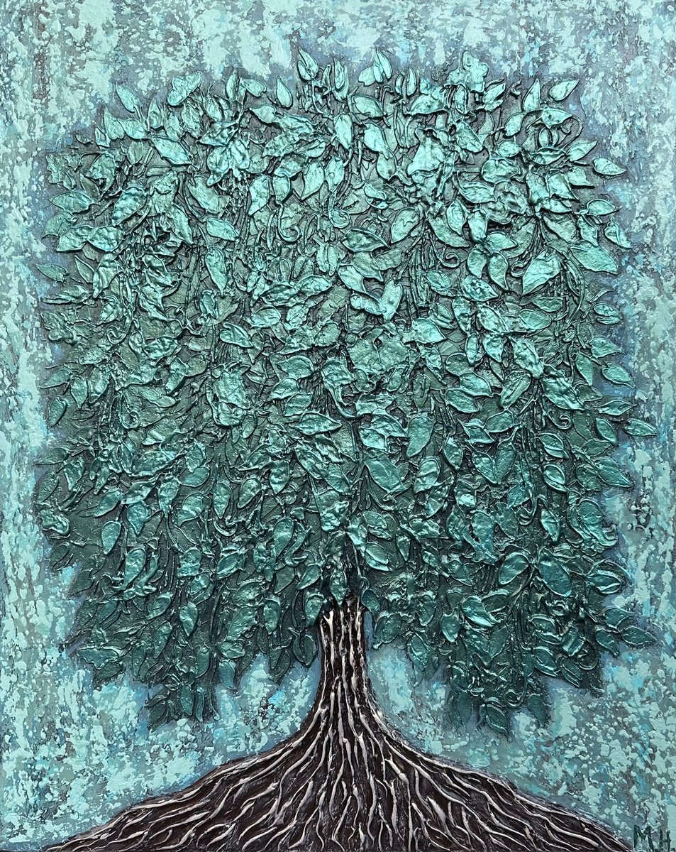 Expressive Botanical Acrylic Painting By Hasmik Mamikonyan, 16 X 20, Emerald Canopy, Original Artwork