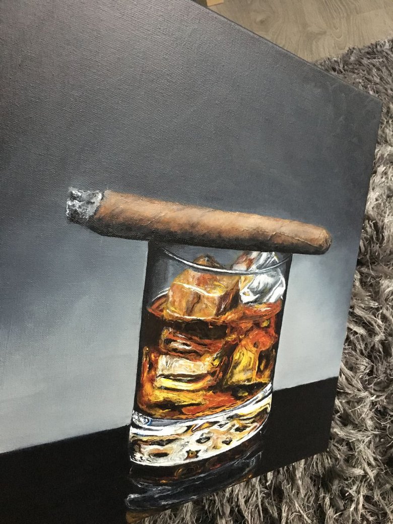 still life original painting, whiskey, cigar Acrylic painting by Paul ...