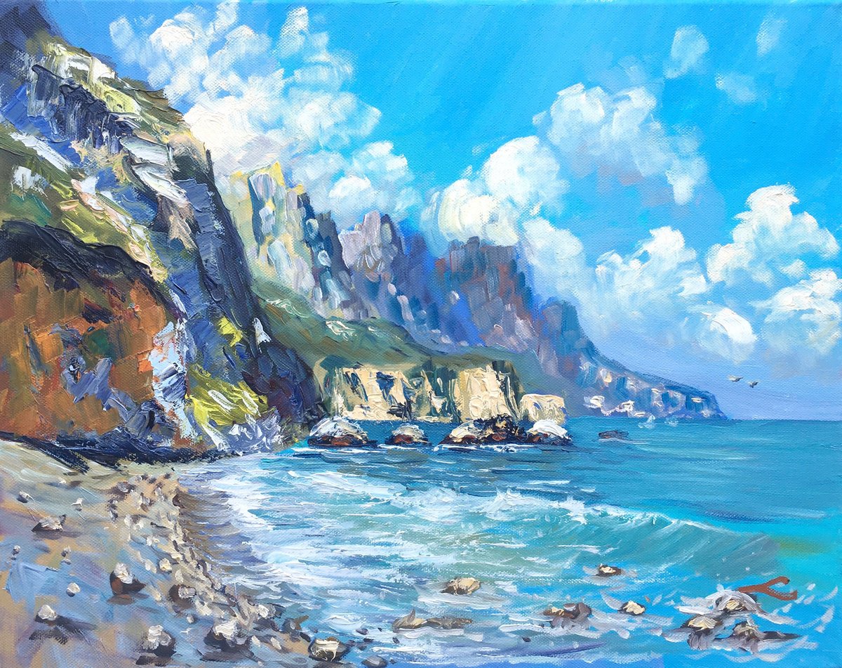 Impressionistic Landscape Oil Painting By Elena Sokolova, 20 X 16, Rocky Seascape, Original Artwork