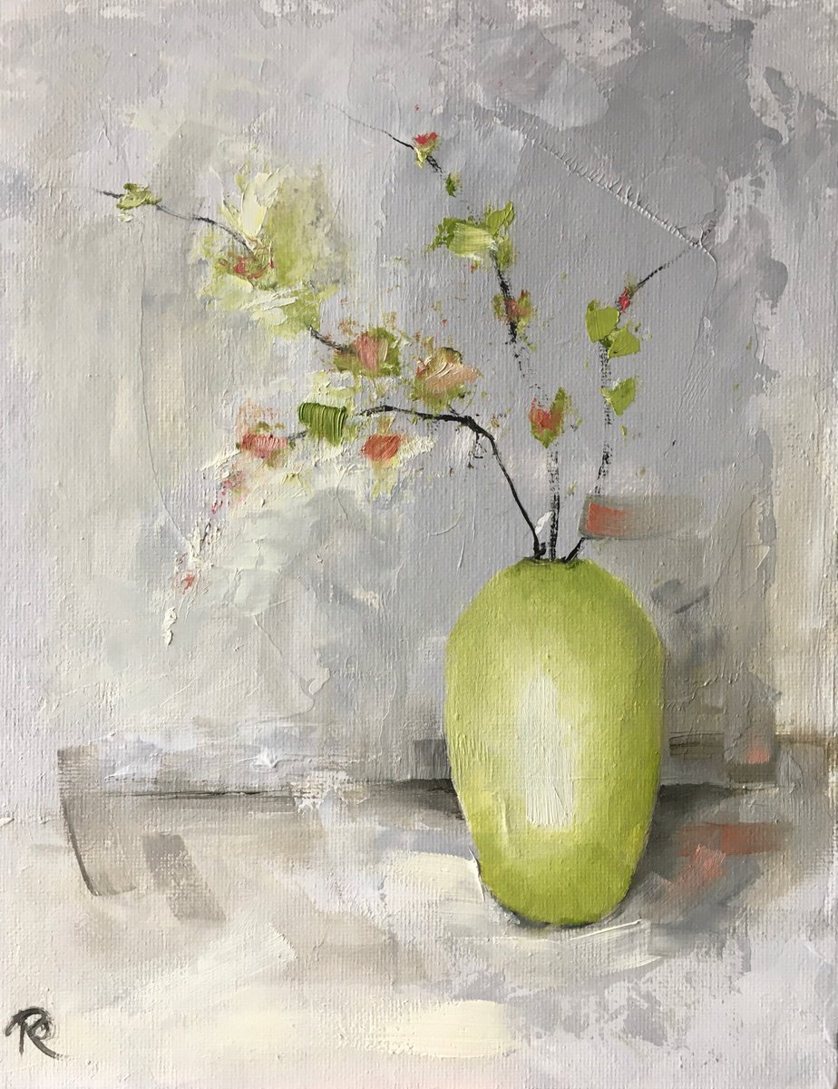 Impressionistic Still Life Oil Painting By Rebecca Pells, 8 X 10", Lime Vase With Blossom, Original Artwork