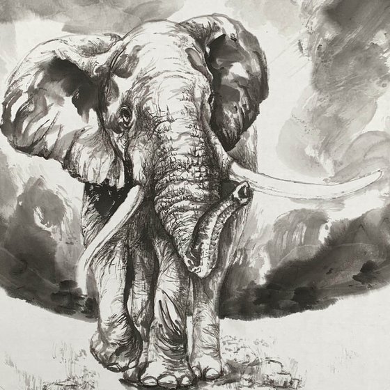 Elephant Ink Brush Painting, Original Artwork, Framed