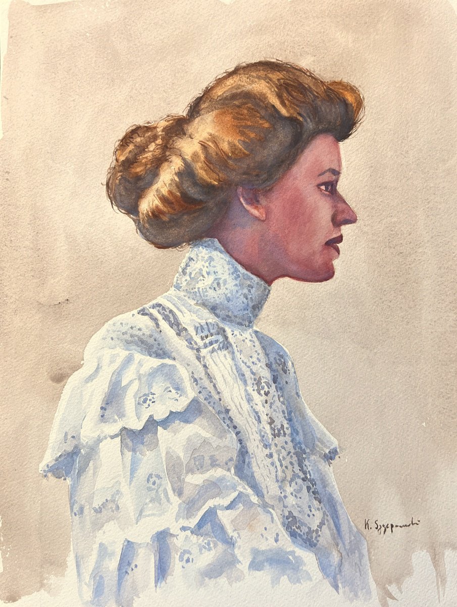 Impressionistic Portrait Watercolour By Krystyna Szczepanowski, 12 X 16", Edwardian Lady, Original Artwork