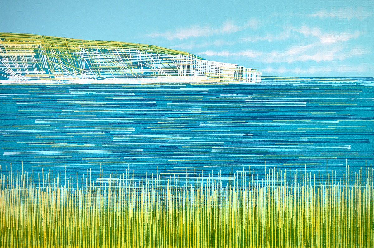 Impressionistic Landscape Acrylic Painting By Marc Todd, 30 X 20", Swanage Bay In Summer, Original Artwork