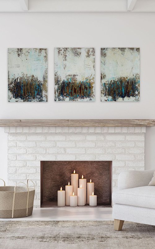 Beige and Gold Textured Art. Painting with Structures. Triptych by Sveta Osborne