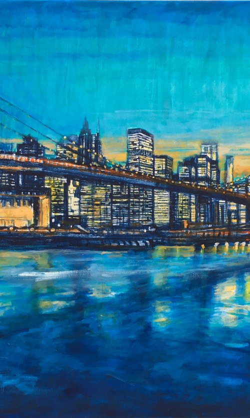 Brooklyn Bridge to Manhattan sunset with blue by Patricia Clements