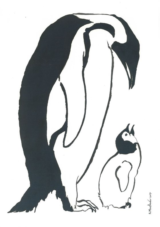 Penguins I Animal Drawing Ink drawing by Ricardo Machado | Artfinder