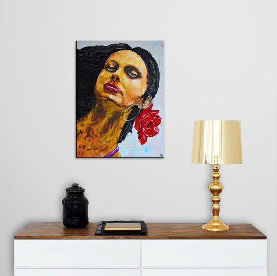 Women With Red Flower - Original Modern Portrait Art Painting on Canvas Ready To Hang
