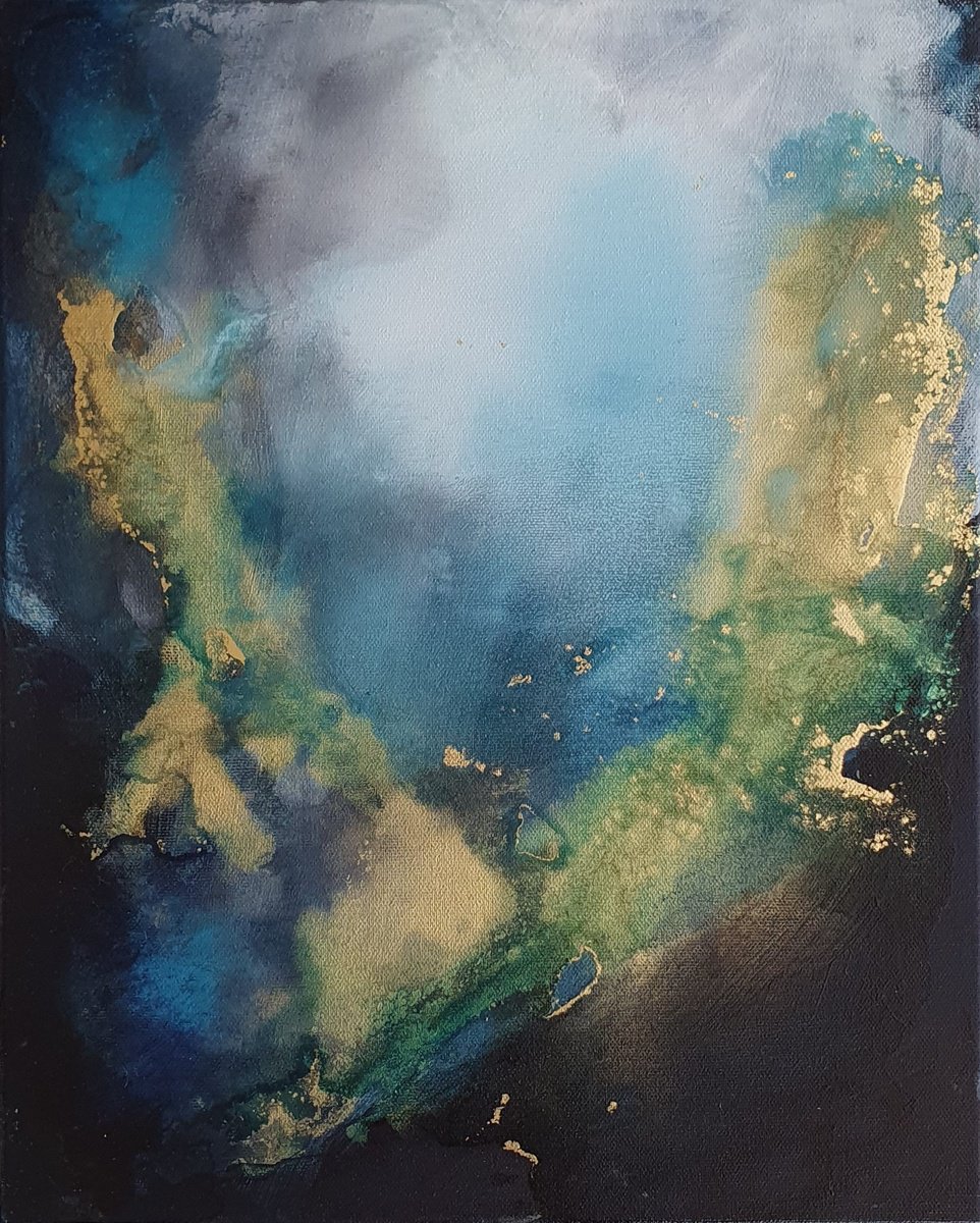 Harmony - navy blue small abstract, acrylic and ink painting by Olesya Izmaylova