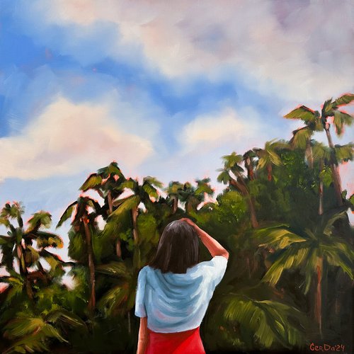 Palm Paradise - Woman Palm Tree Tropical Painting by Daria Gerasimova