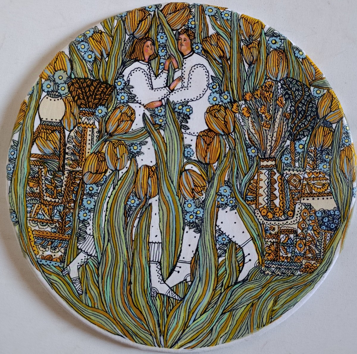 Naive Portrait Acrylic Painting By Tetiana Osadchuk, 13 X 13", Dance Of Love, Original Artwork