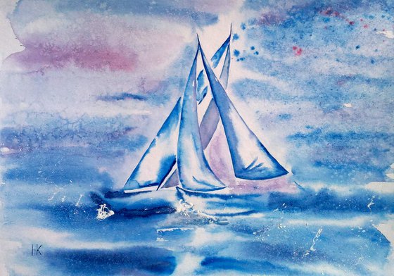 Sailboat Painting Original Art Sailing Vessel Watercolor Artwork Yacht Race Home Wall Art 17 by 12" by Halyna Kirichenko