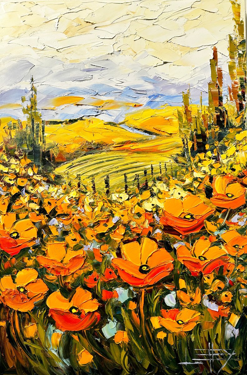 Impressionistic Landscape Oil Painting By Lisa Elley, 24 X 36", Poppies And Vine, Original Artwork