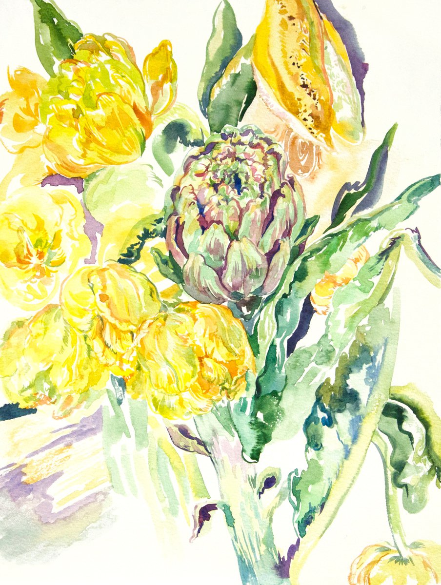 Flower piece with artichoke and yellow tulips by Daria Galinski