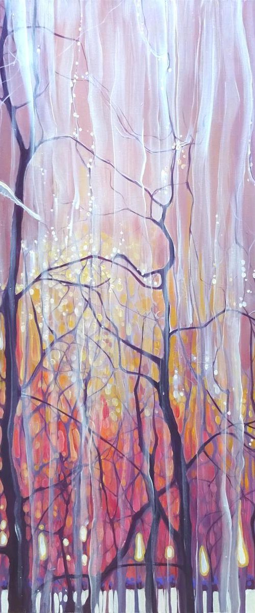Twilight Grace - art nouveau forest sunset with white owl by Gill Bustamante
