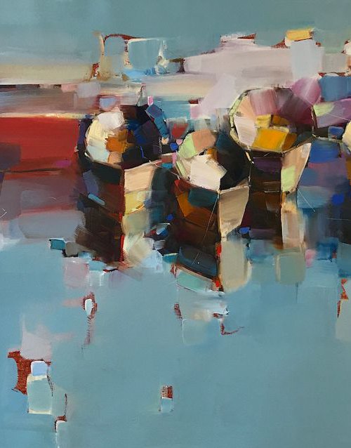Rowboats, Original oil painting, Handmade artwork, Ready to Hang, One of a kind by Vahe Yeremyan